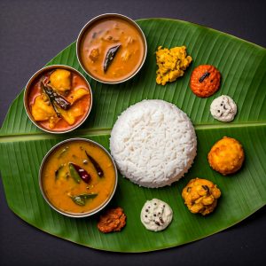 SOUTH INDIAN MEALS (RICE, SAMBAR, RASAM, VATHAKULAMBU, PORIYAL, SWEET, BUTTERMILK, FRYUMS)
